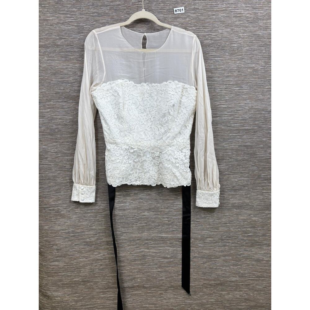 Teri Jon Blouse Womens 12 White Floral Lace Sheer Long Sleeve Peplum Top